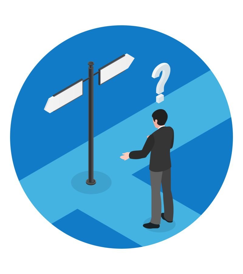 Choice isometric concept with man at crossroads on blue background isometric vector illustration